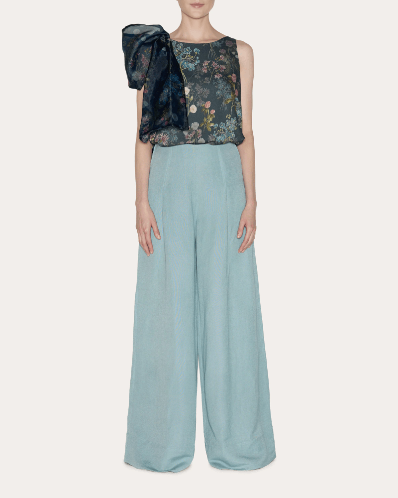 Lia Cohen Women's Timeless Linen Pleated Wide-Leg Pants in Blue Linen/Rayon