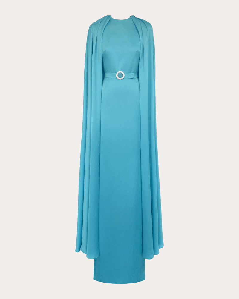 Edeline Lee Women's Mercury Belted Cape-Effect Crinkled-Satin Gown in Turquiose Polyester