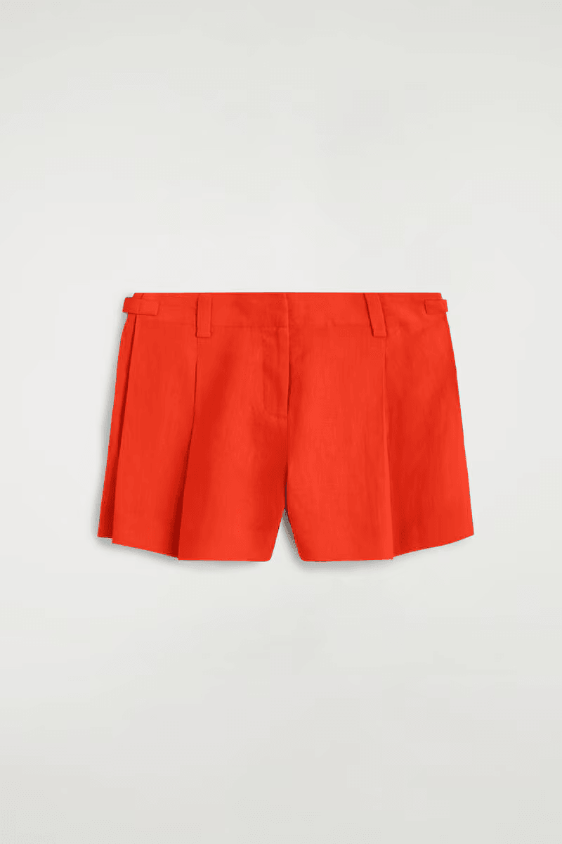 Pleated Belted Linen Shorts in Orange