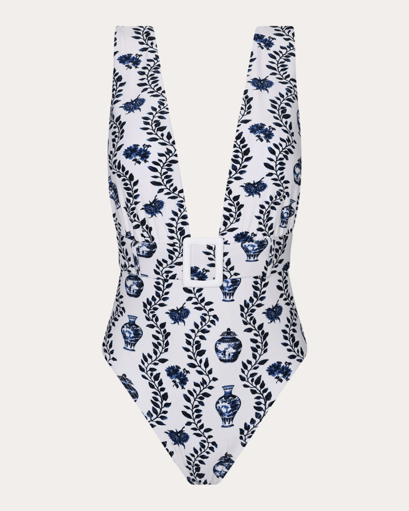 Aguaclara Women's Dynastie Royale Belted Plunge One-Piece in Blue Elastane/Polyamide