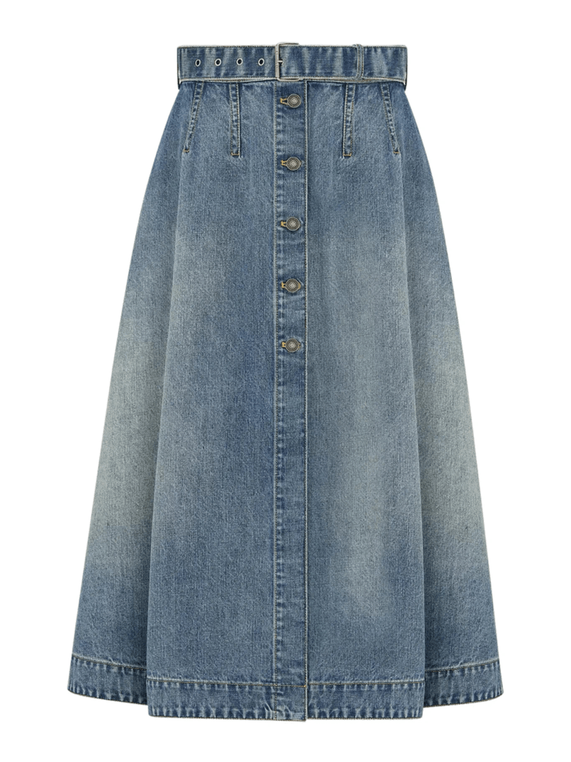 STONEWASHED COTTON DENIM FLARED MIDI SKIRT IN BLUE - Christian Dior - Woman