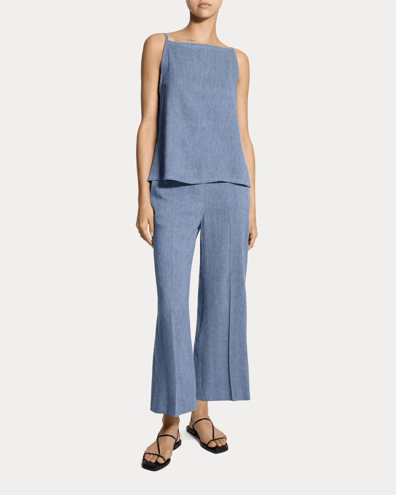 Theory Women's Fluid Linen Square Neck Apron Top in Blue Denim/Linen/Viscose