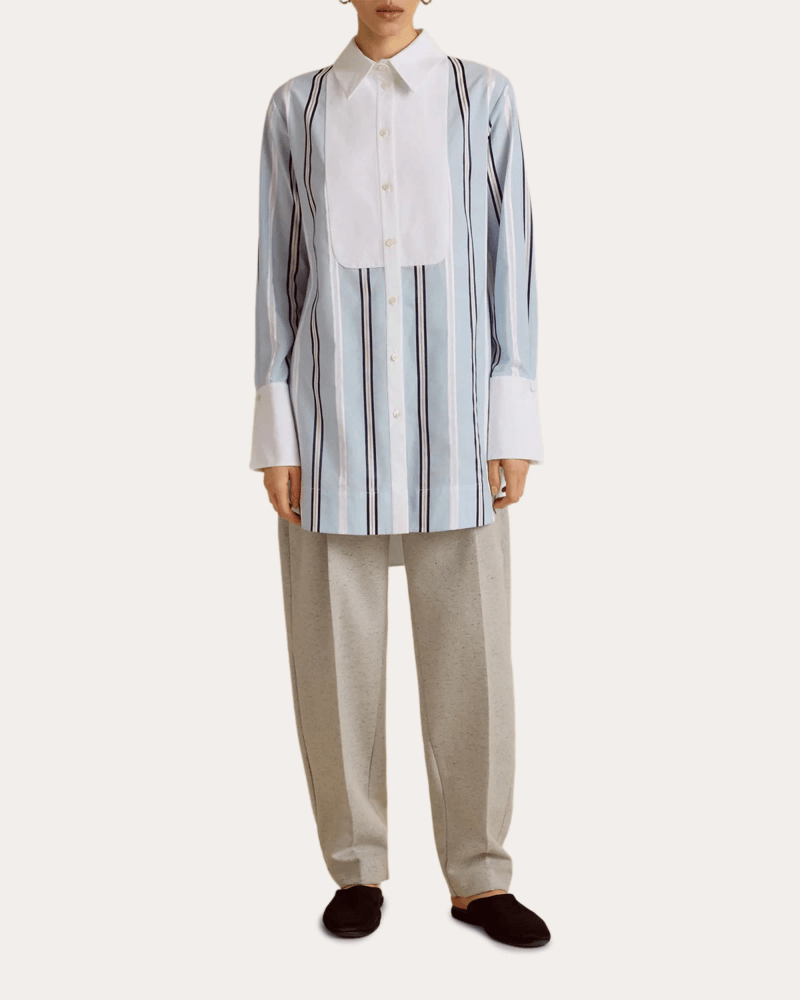 Marina Moscone Women's Pinstripe Jacquard Slim Tuxedo Shirt in Blue Cotton/Viscose