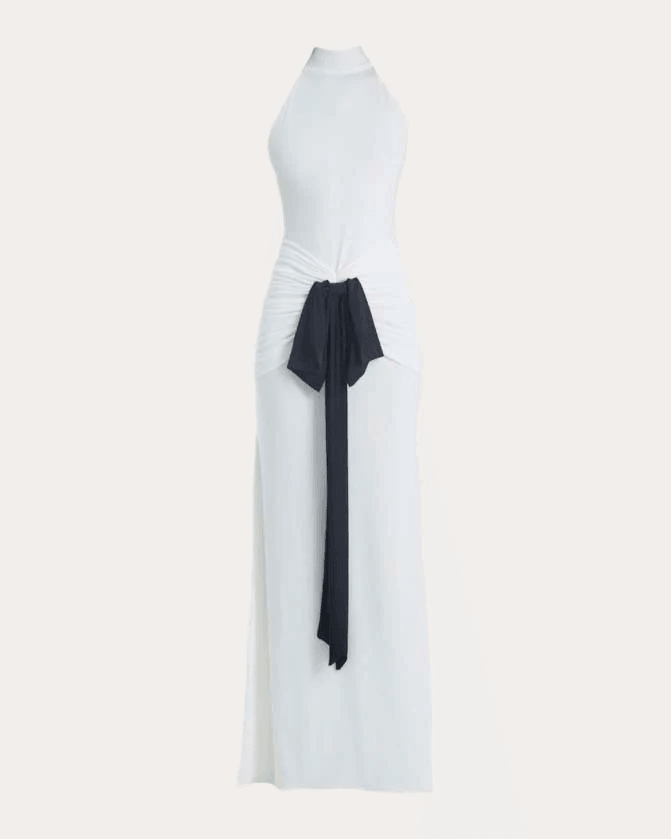 Francisco Arce Women's Sael Gathered Bow Mock Neck Gown in White Polyester