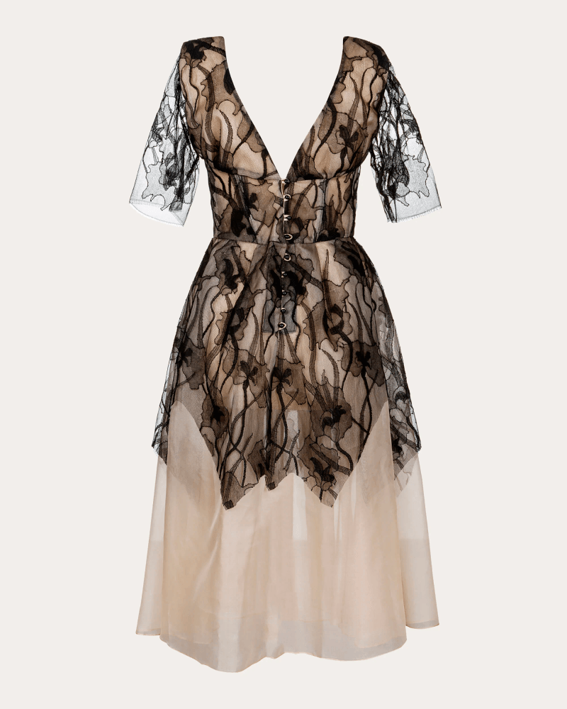 byVarga Women's Lea Silk Organza Lace Corset Midi Dress in Black Silk/Cotton/Polyamide