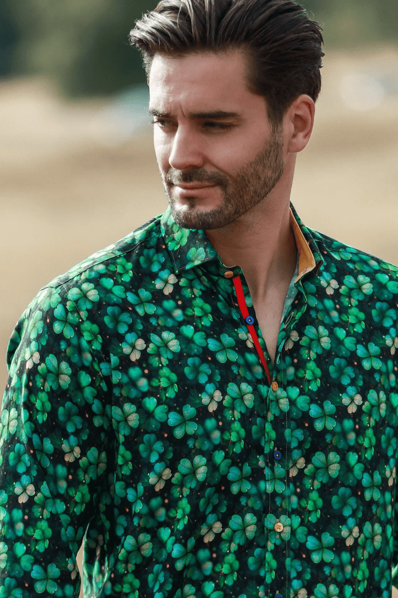 ?TENCEL FOUR LEAF CLOVER EMERALD PRINT SHIRT?