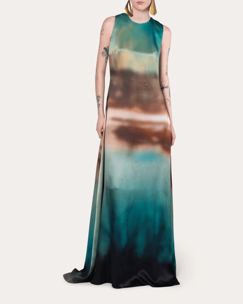 Roksanda Women's Sylas Abstract Satin Twist-Back Gown in Sunset Field Teal Silk/Viscose/Acetate