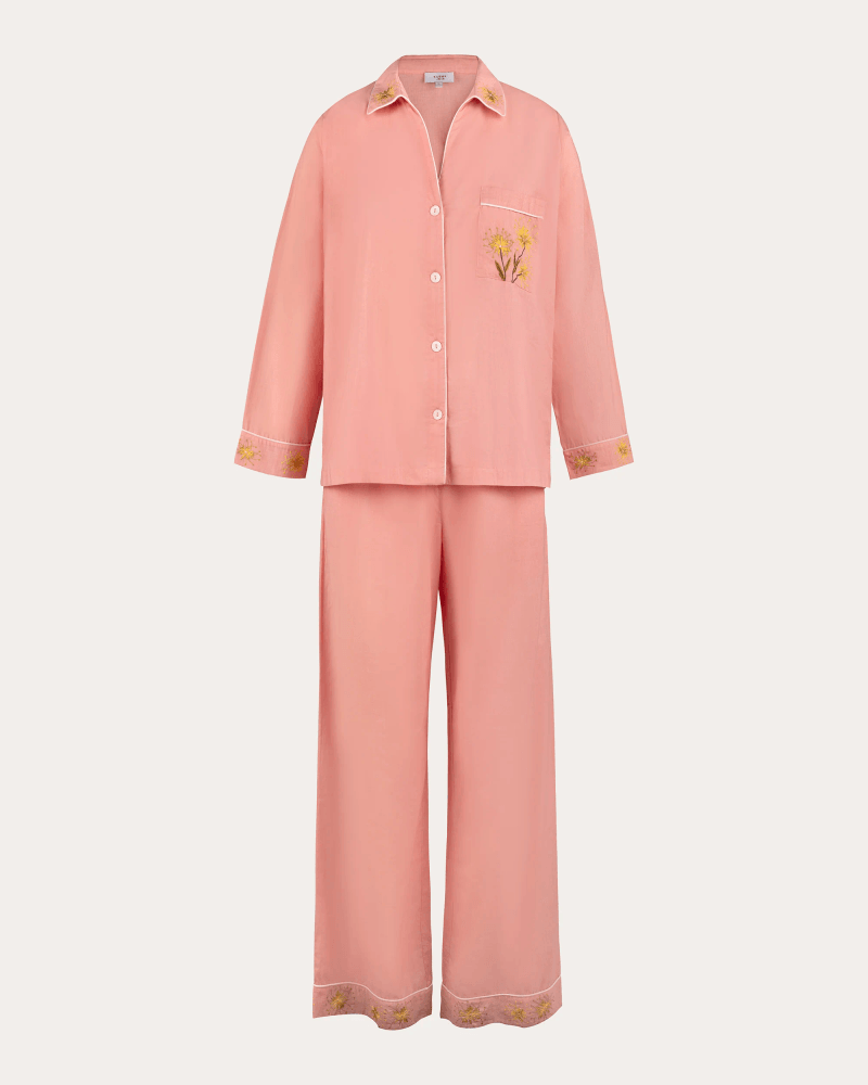 Karma On The Rocks Women's Tokyo Embroidered Floral Cotton Pajama Set in Pink