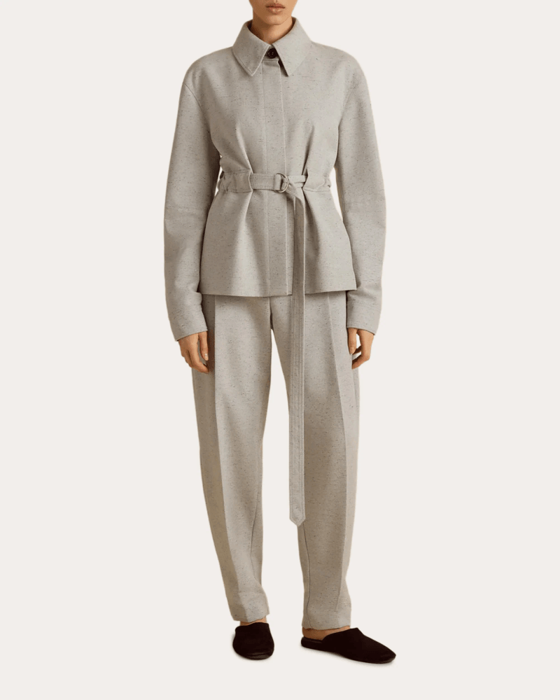 Marina Moscone Women's Belted Cocoon Bomber Jacket in Grey Wool/Cotton/Silk