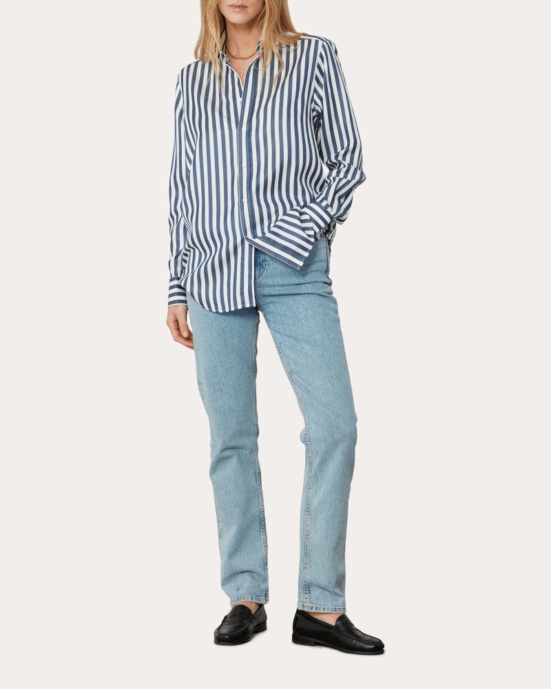 With Nothing Underneath Women's The Boyfriend Stripe Tencel Shirt in Navy Blue Stripe