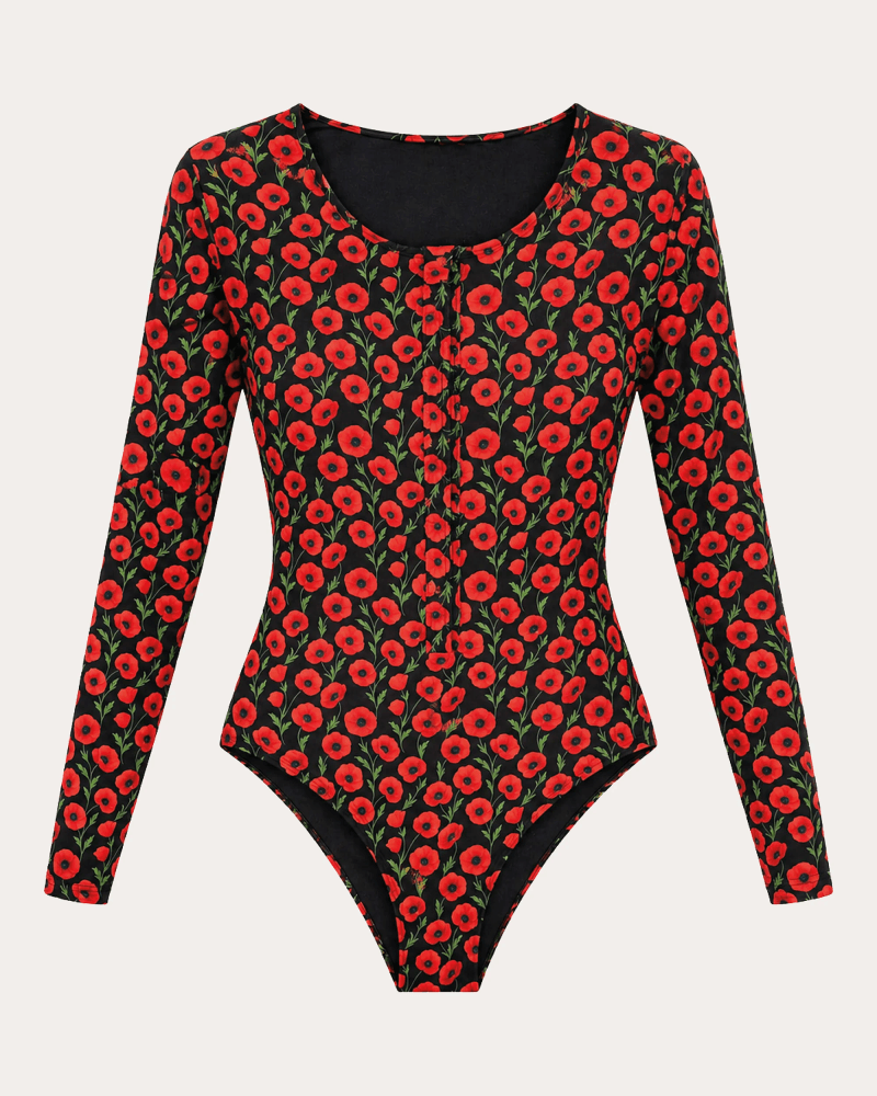 Verdelimon Women's Paradiso Floral Long-Sleeve One-Piece in Black Polyester