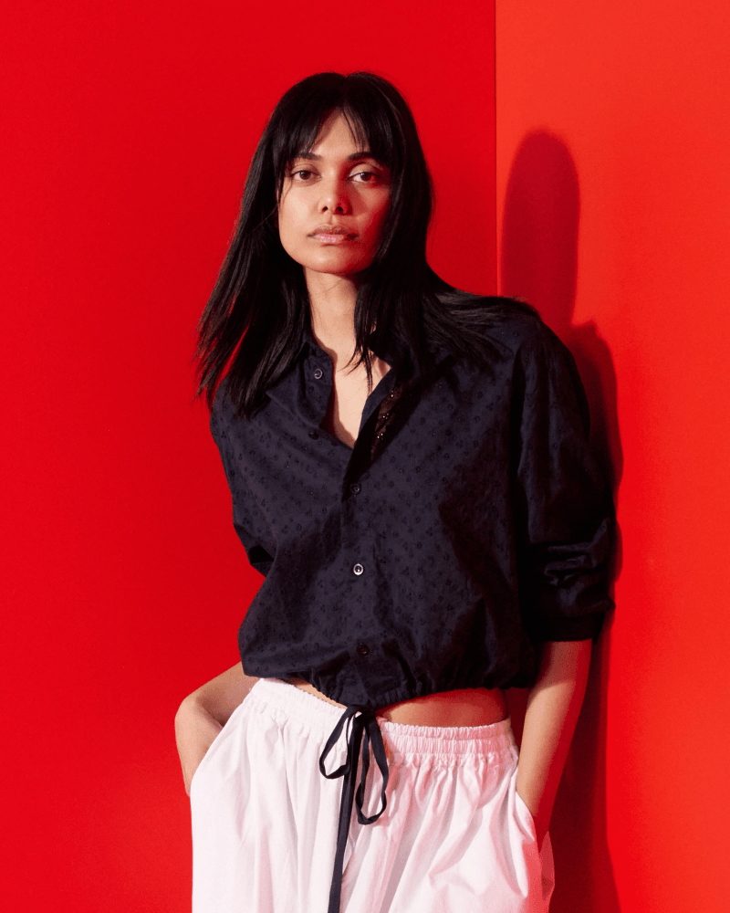 Broderie Drawstring Shirt - Navy Blue