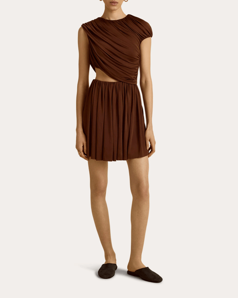 Marina Moscone Women's Jersey Cutout Gathered Drape Mini Dress in Brown Viscose/Elastane