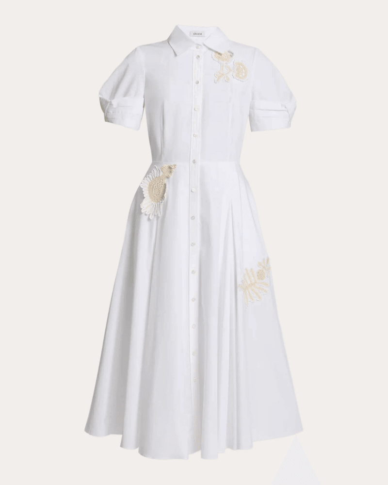 ERDEM Women's Floral Appliqué Cotton Midi Shirt Dress in White