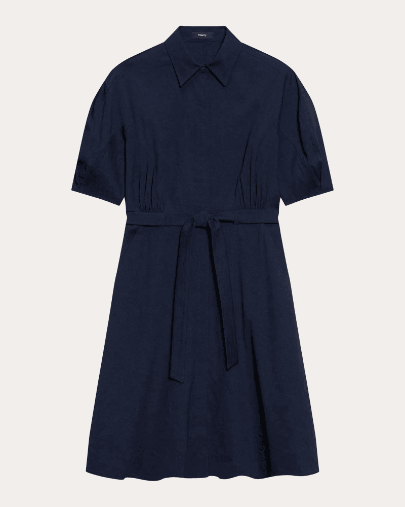 Theory Women's Good Linen Round-Sleeve Belted Shirt Dress in Blue Linen/Viscose/Elastane