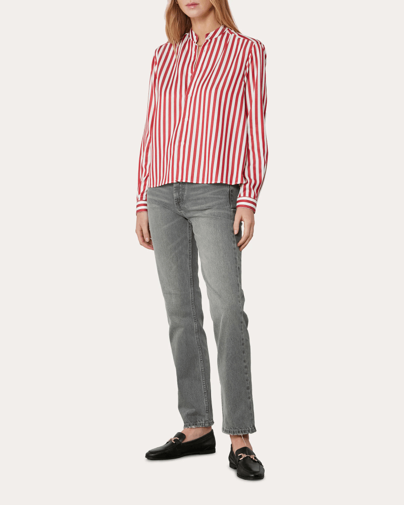 With Nothing Underneath Women's The Boyfriend Stripe Tencel Shirt in Maple Red