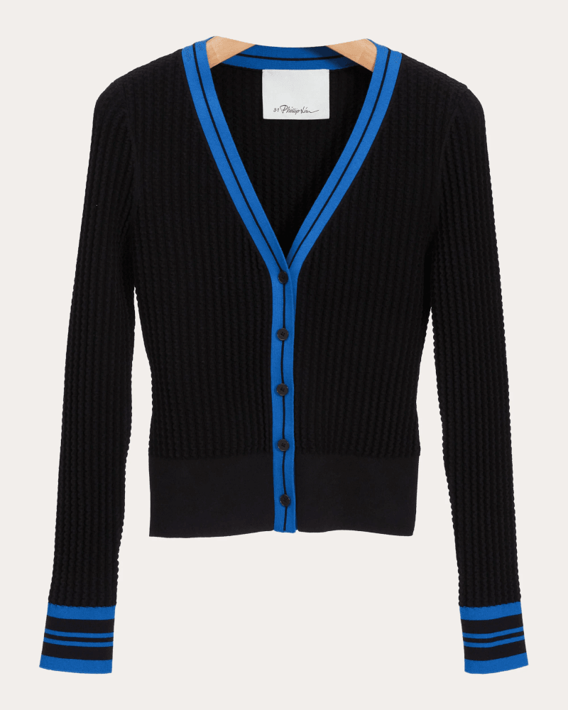 3.1 Phillip Lim Women's Textured Knit V-Neck Cardigan in Black Viscose/Elastane/Polyester
