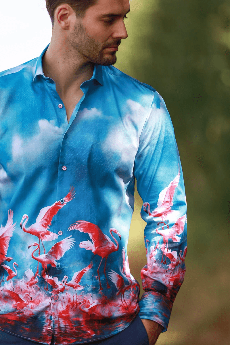 CLAUDIO LUGLI SKY FLAMINGO PLACEMENT PRINT SHIRT