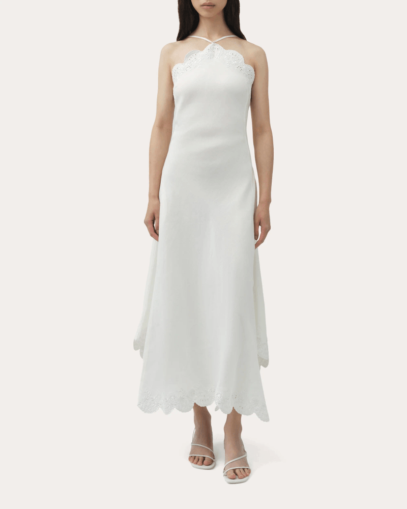 SIMKHAI Women's Gillian Embroidered Linen Halter Midi Dress in White Cotton/Linen/Viscose