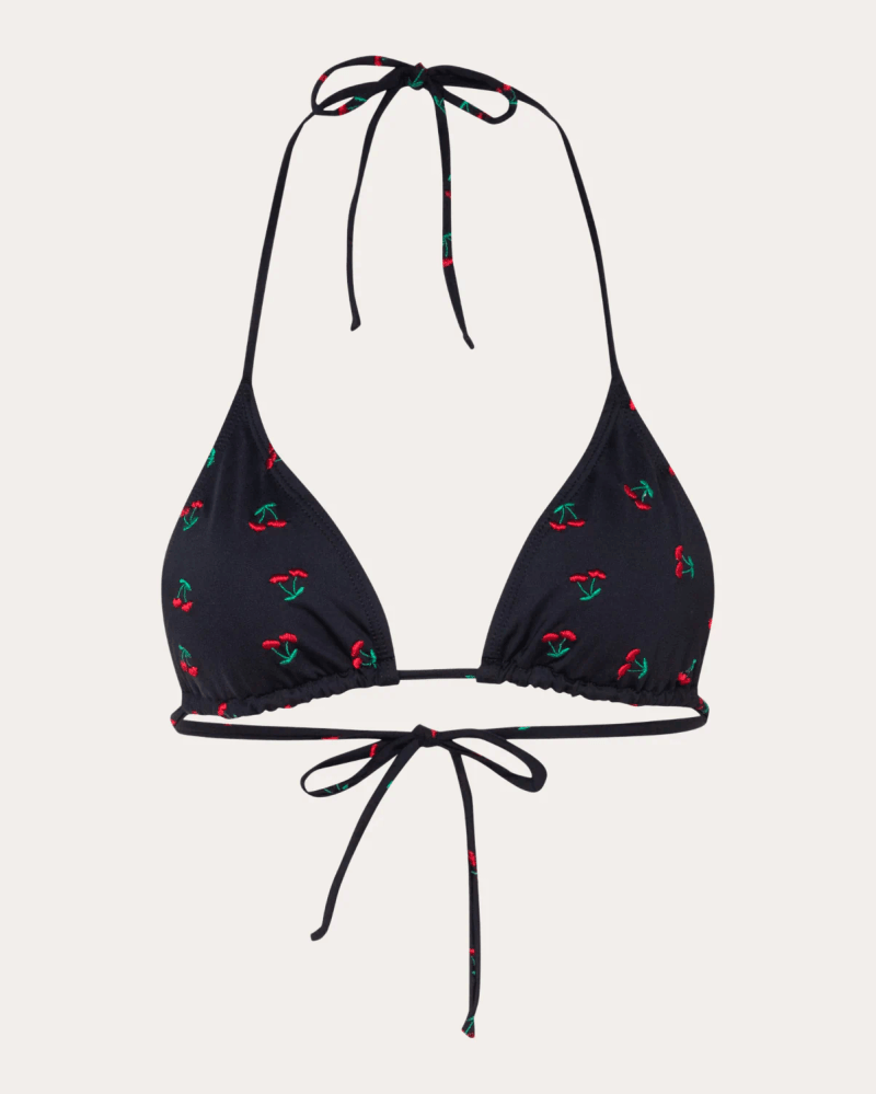 Verdelimon Women's Moa Embroidered Cherry Triangle Bikini Top in Black Cherries Polyester