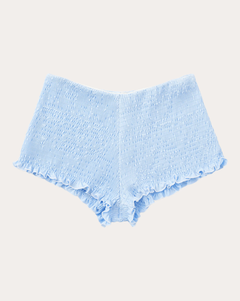 Seaquelle Swim Women's Sea Frill-Trim Smocked Swim Shorts in Blue Elastane/Polyamide