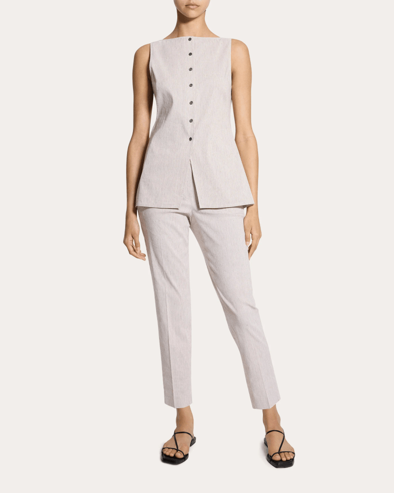 Theory Women's Textured Linen Boatneck Cutaway Vest Top in Neutral Linen/Viscose/Elastane