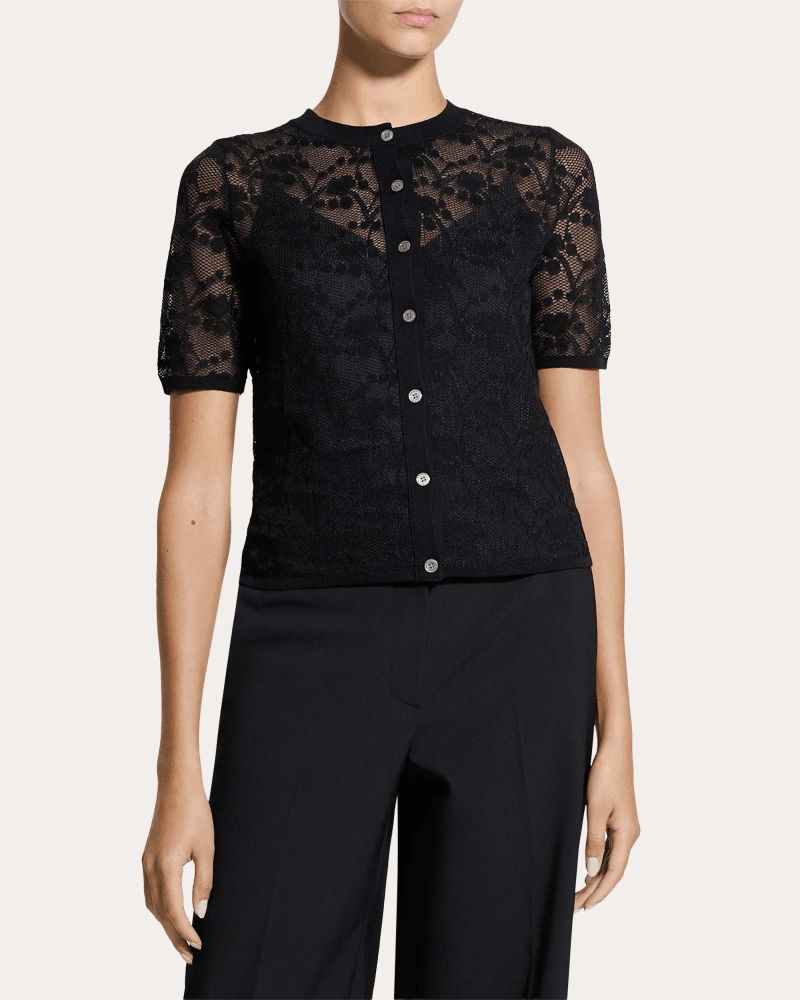 Theory Women's Floral Lace Short-Sleeve Button-Up Top in Black Cotton/Nylon