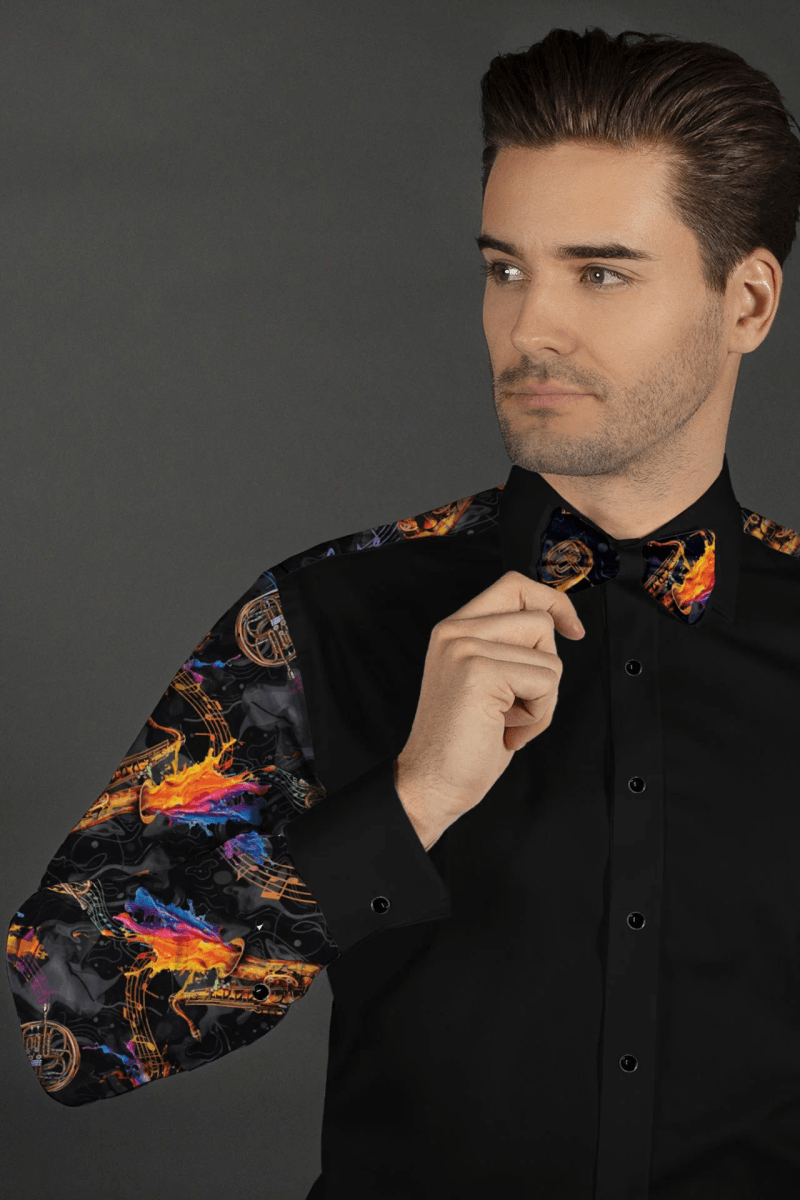 BLACK SAXOPHONE PRINT MEN'S TUXEDO SHIRT WITH BOW TIE