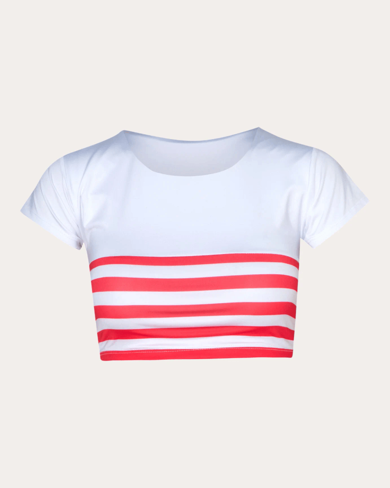 Verdelimon Women's Mathilde Stripe Short-Sleeve Bikini Top in Cherry Stripes Polyester