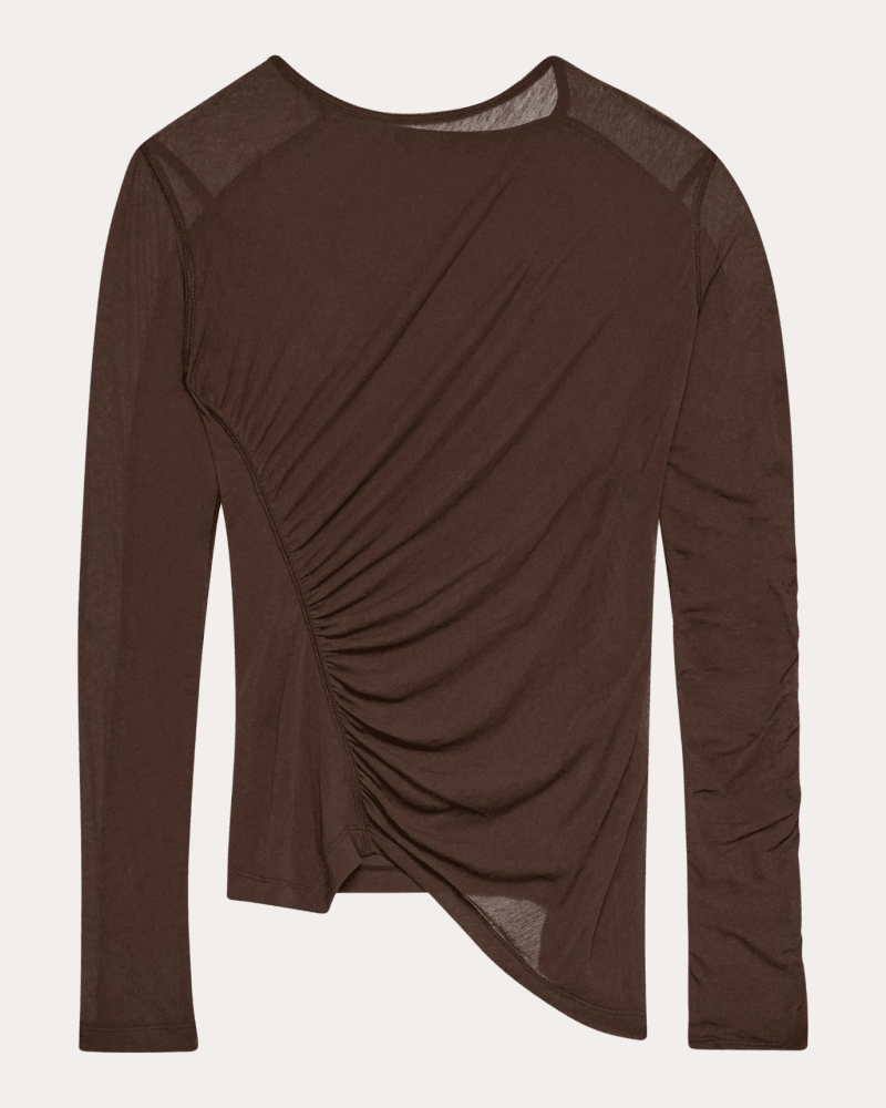 Helmut Lang Women's Sheer Jersey Ruched Asymmetric Wind Top in Brown Cotton