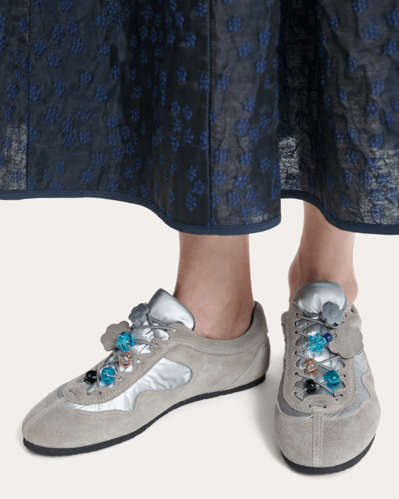 Cecilie Bahnsen Women's Blaise Beaded Suede Combo Sneaker in Silver Suede/Rubber/Polyester
