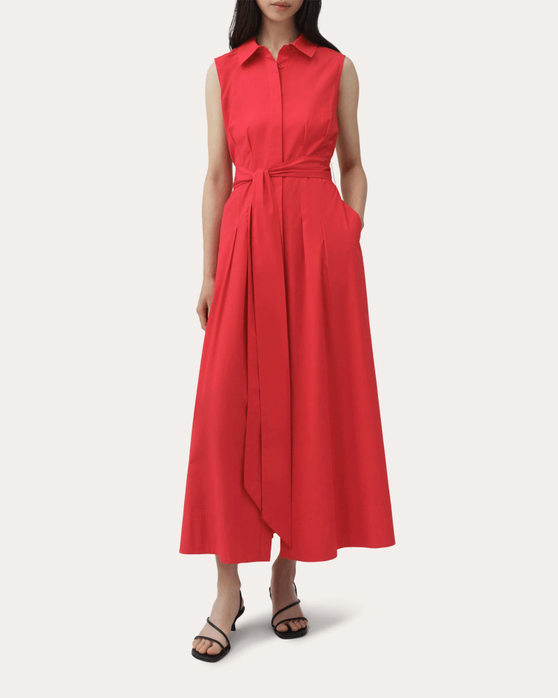SIMKHAI Women's Genny Poplin Belted Sleeveless Shirt Dress in Red Cotton/Polyester