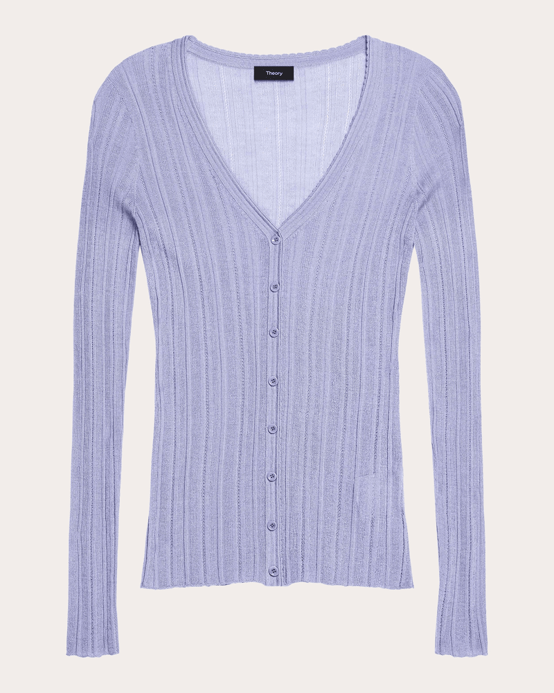 Theory Women's Novel Pointelle Ribbed Slim Cardigan in Purple Wool/Viscose
