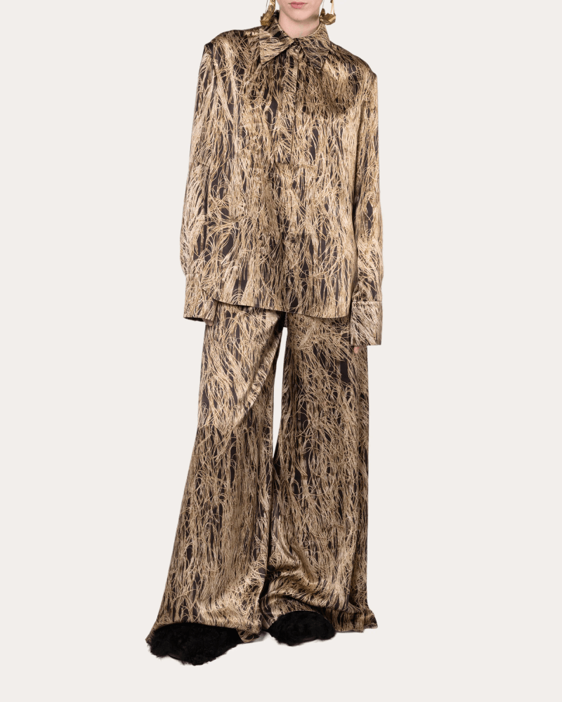 Roksanda Women's Juniper Abstract Satin Button-Up Top in Feather Scan Gold Silk/Viscose