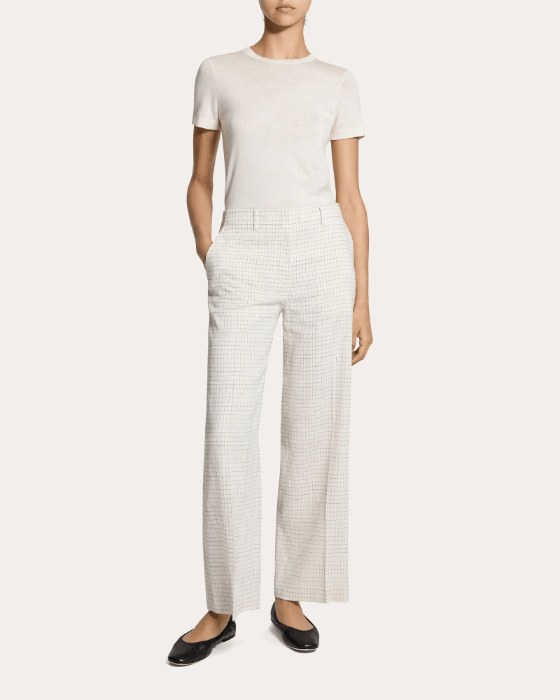 Theory Women's Check Linen-Blend Classic Relaxed Trousers in White Linen/Viscose/Elastane