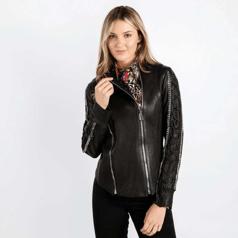 WOMENS FITTED LEATHER JACKET WITH CHAINS