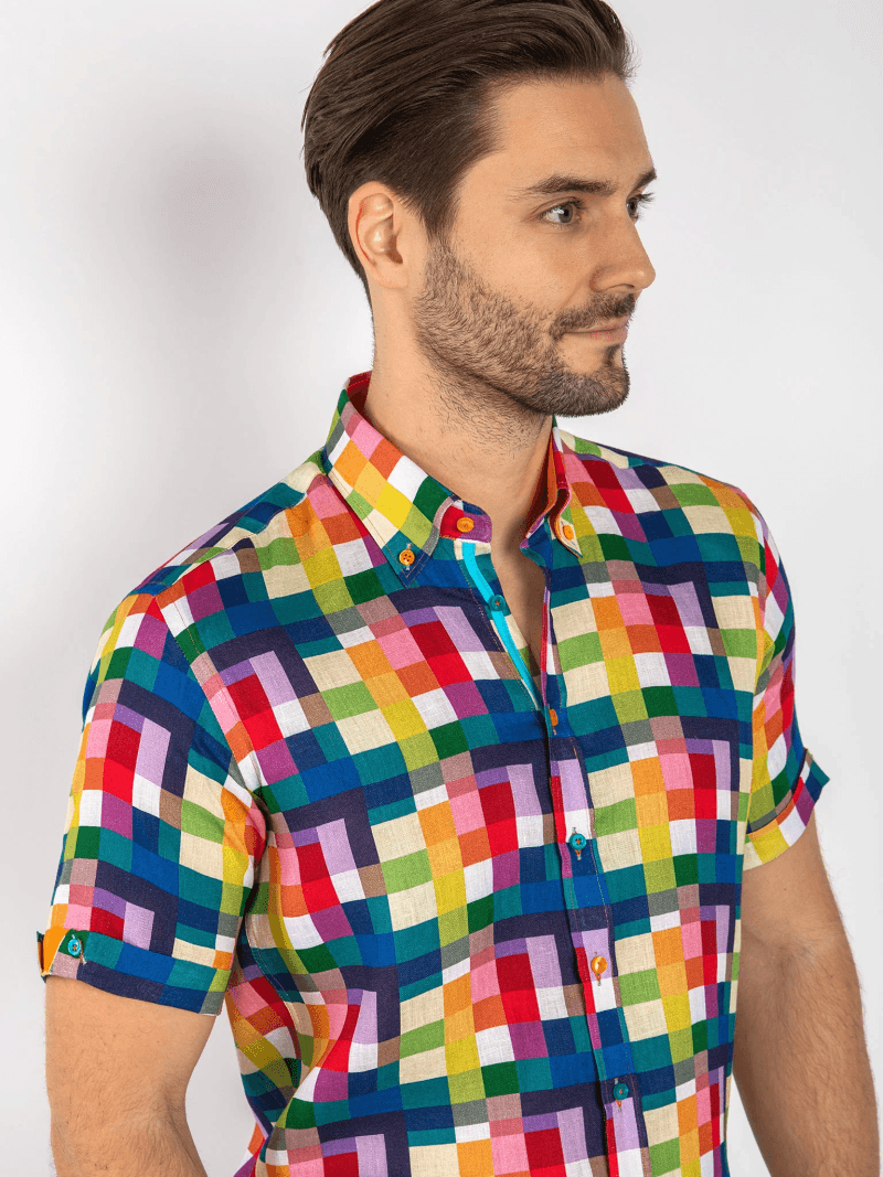 MULTICOLOUR LINEN CHECK MEN'S SHORT SLEEVE SHIRT