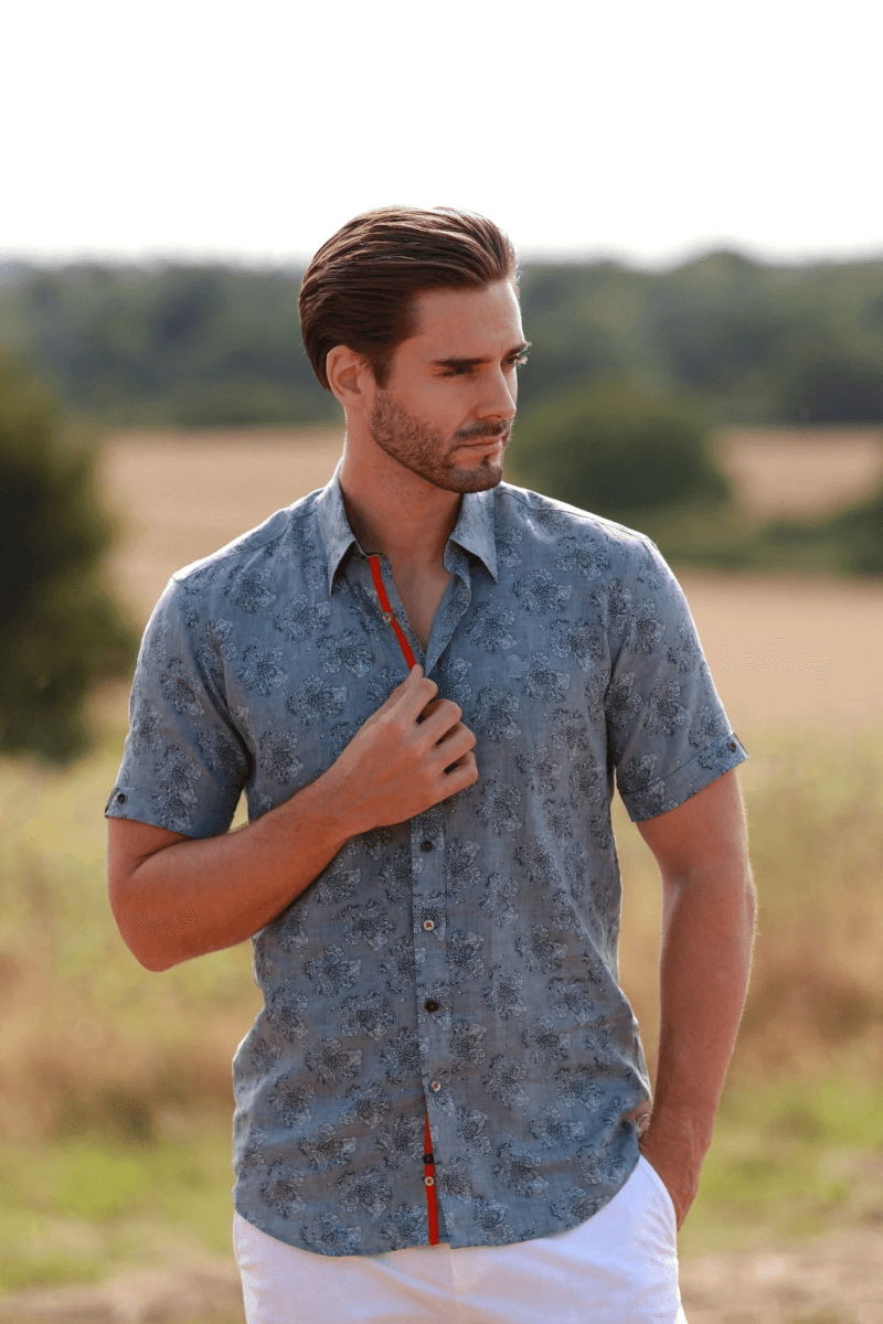 LINEN GREY FLOWER MEN SHORT SLEEVE