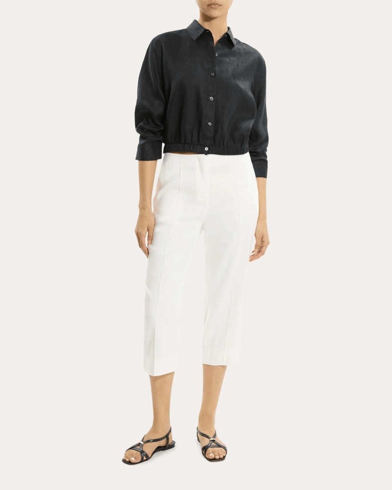 Theory Women's Linen Scrunched Crop Button-Up Top in Black