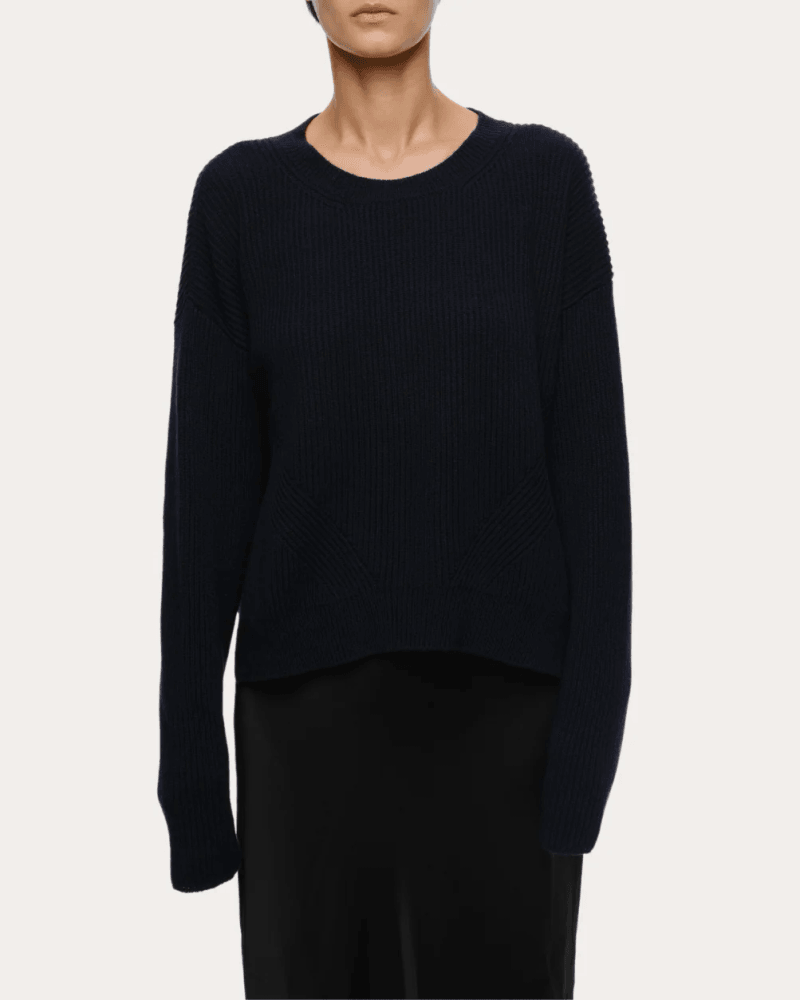 EOLAS Women's Brina Cotton Cashmere Bow Sweater in Navy Cashmere/Cotton