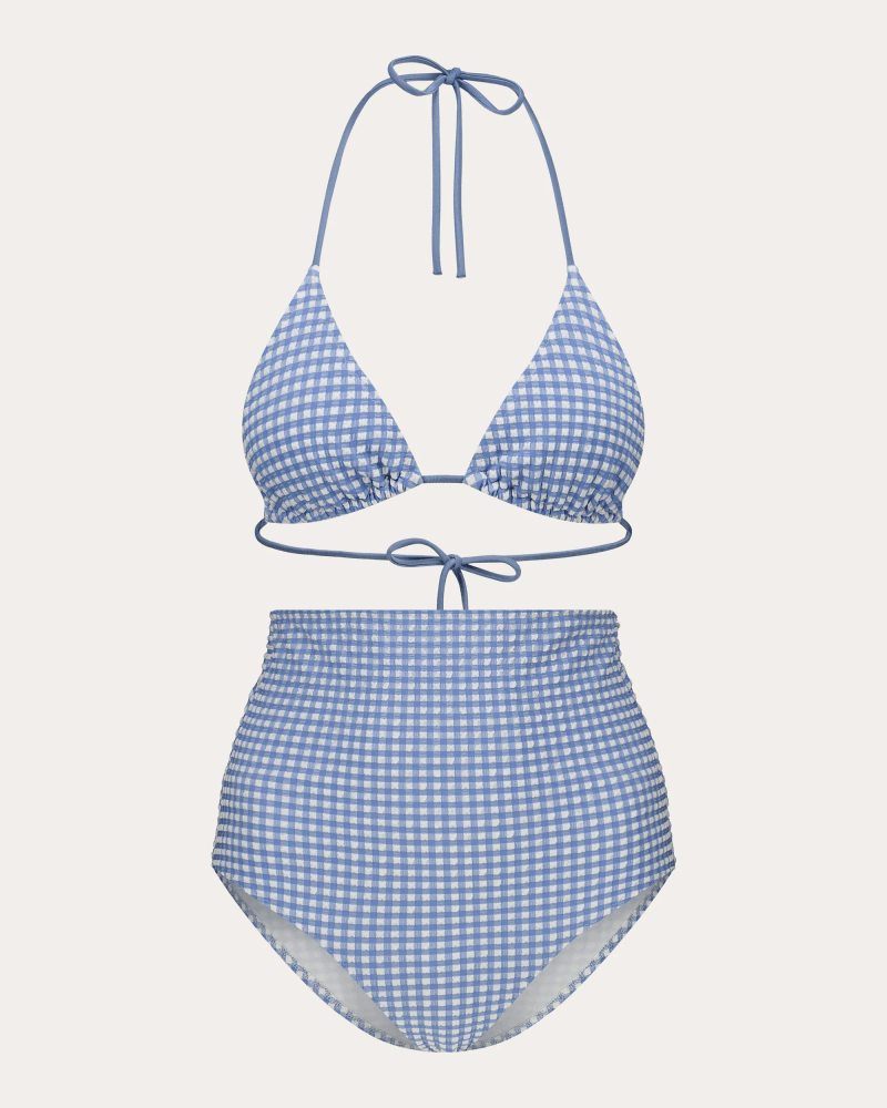 GirlsMustHave Women's Ara Gingham High-Rise Bikini Bottoms in Blue Elastane/Polyamide