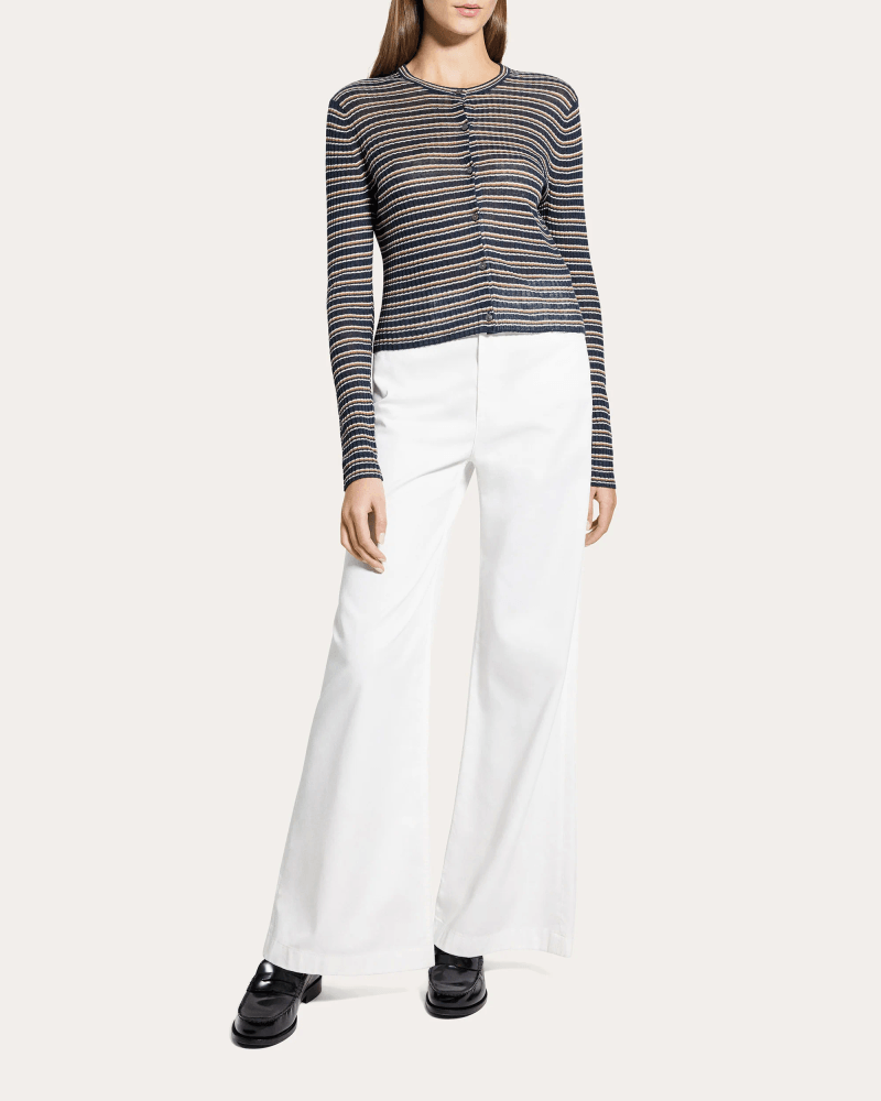Theory Women's Stripe Linen Knit Cropped Cardigan Linen/Viscose