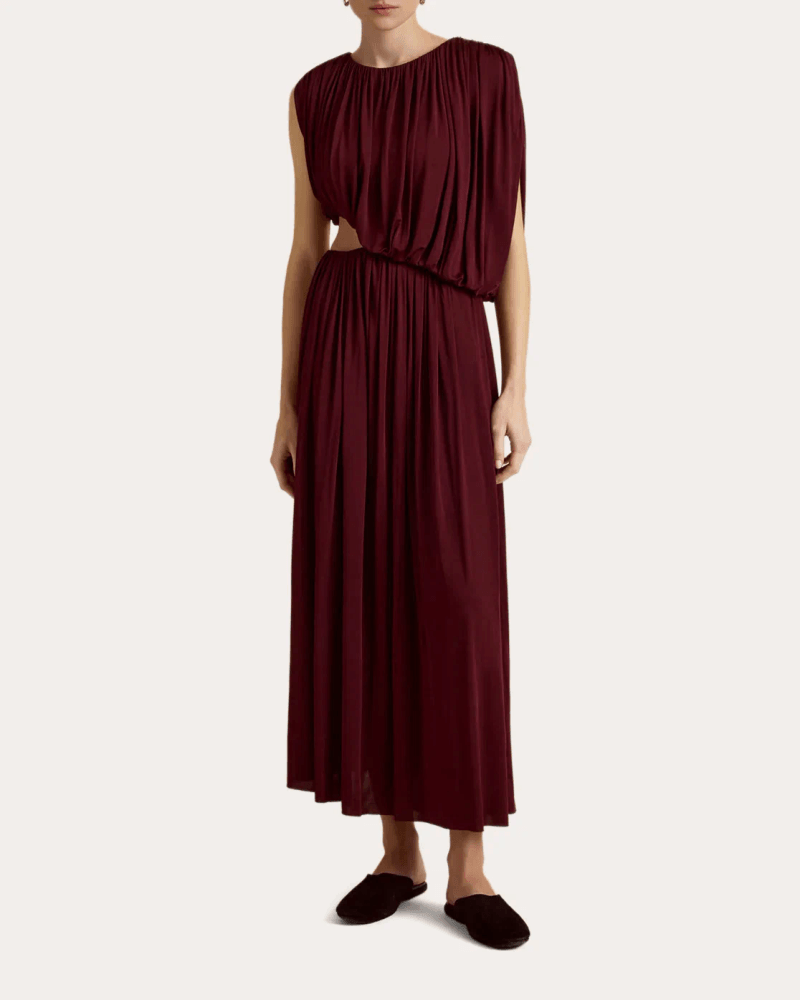 Marina Moscone Women's Jersey Cutout Gathered Drape Maxi Dress Viscose/Elastane
