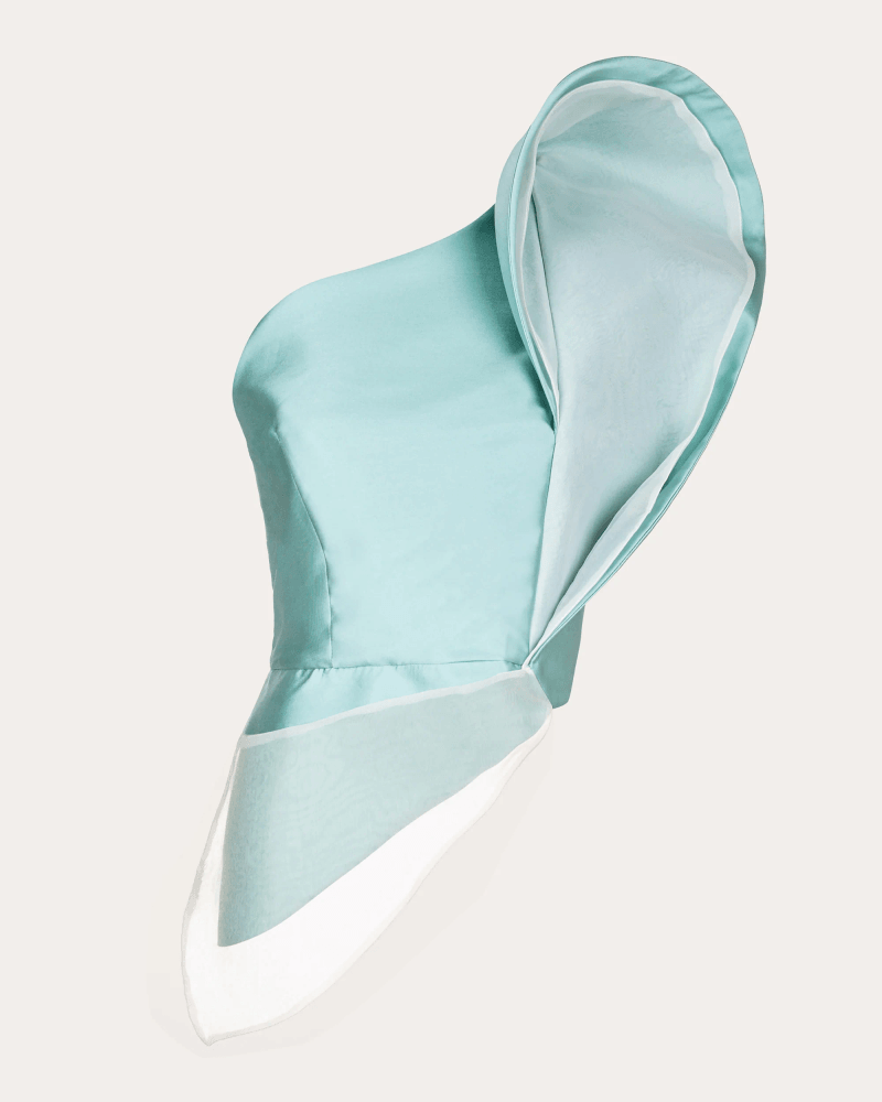 byVarga Women's Gigi Satin Asymmetric Twist Top in Blue Polyester/Silk