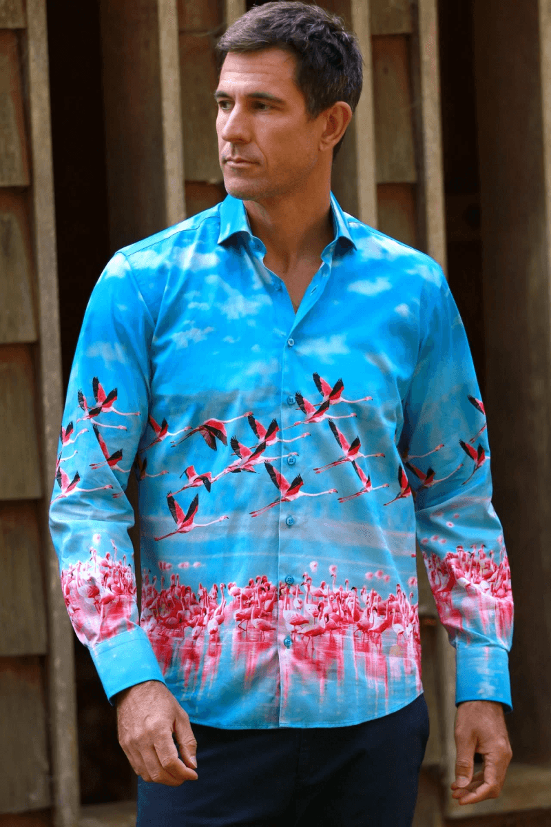 FLAMINGOS IN FLIGHT PLACEMENT PRINT SHIRT