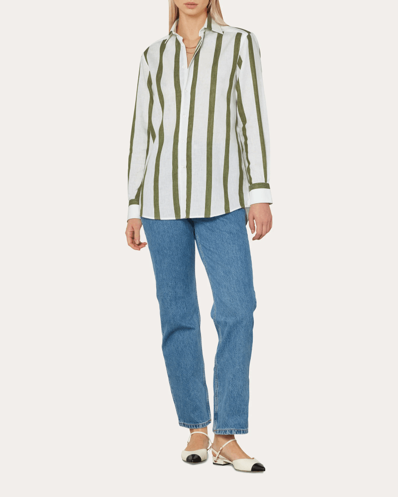With Nothing Underneath Women's The Boyfriend Stripe Linen Cotton Shirt in Khaki Cotton/Linen
