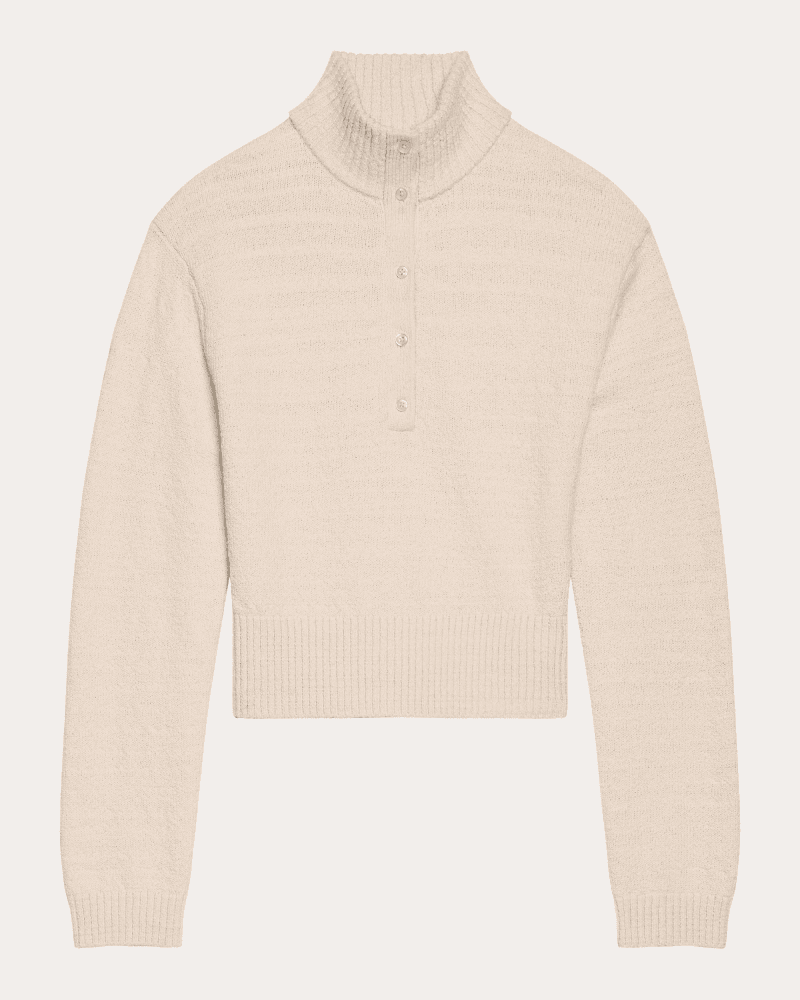 Helmut Lang Women's Slub Wool Button Mock Neck Sweater in White Wool/Cotton/Polyester