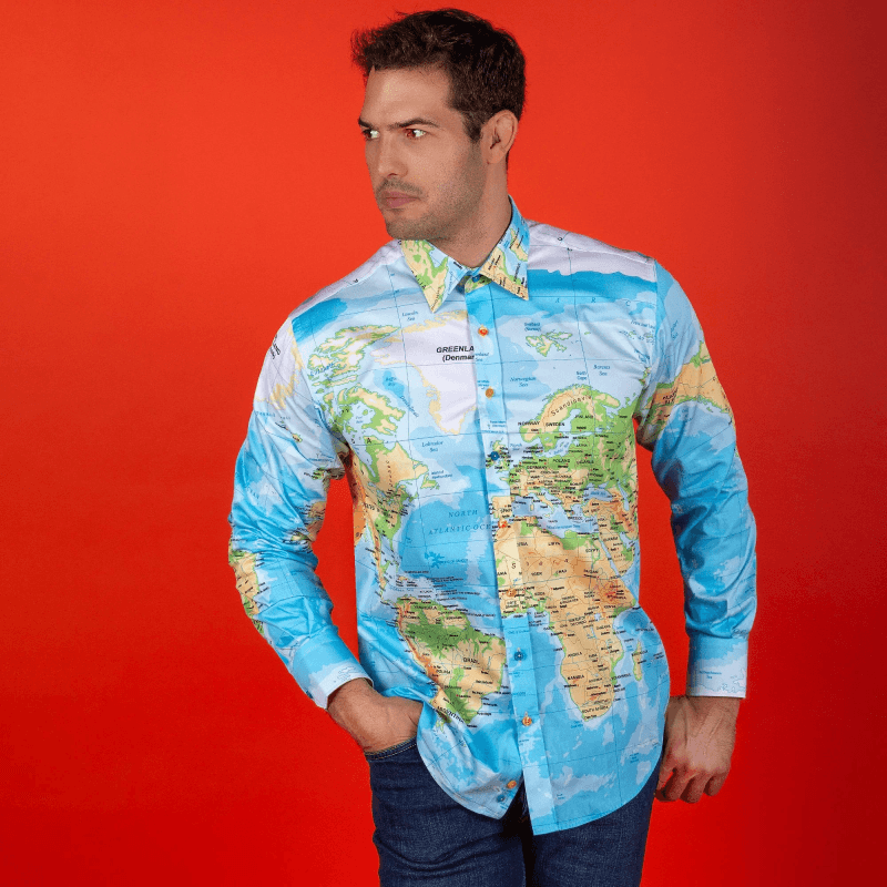 THE WORLD MAP SATIN COTTON PRINT SHIRT