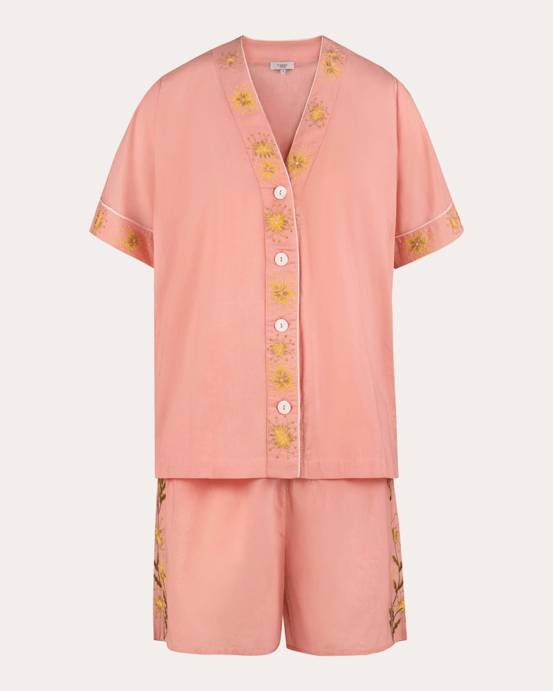 Karma On The Rocks Women's Sumi Embroidered Floral Cotton Pajama Set in Pink
