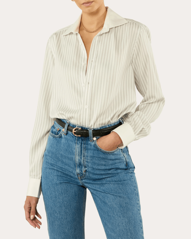 With Nothing Underneath Women's The Boyfriend Stripe Contrast Tencel Shirt in Silver Stripe